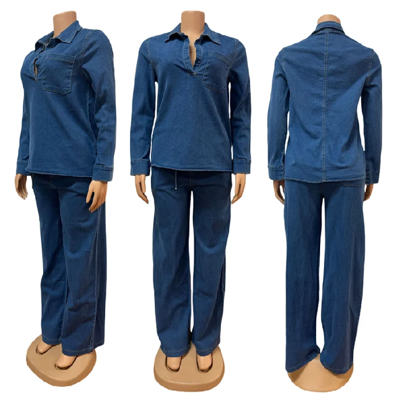 Ensemble jean femme Y6561 – Veste à revers & jean droit tendance | 4 couleurs