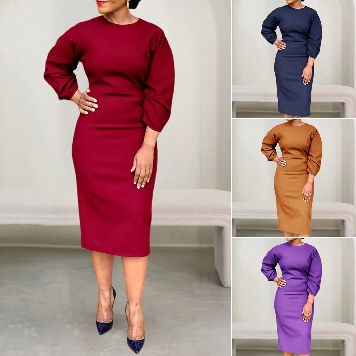 Robe Midi Élégante Col Rond Manches Longues Femme – Coupe Crayon Taille Haute D8642