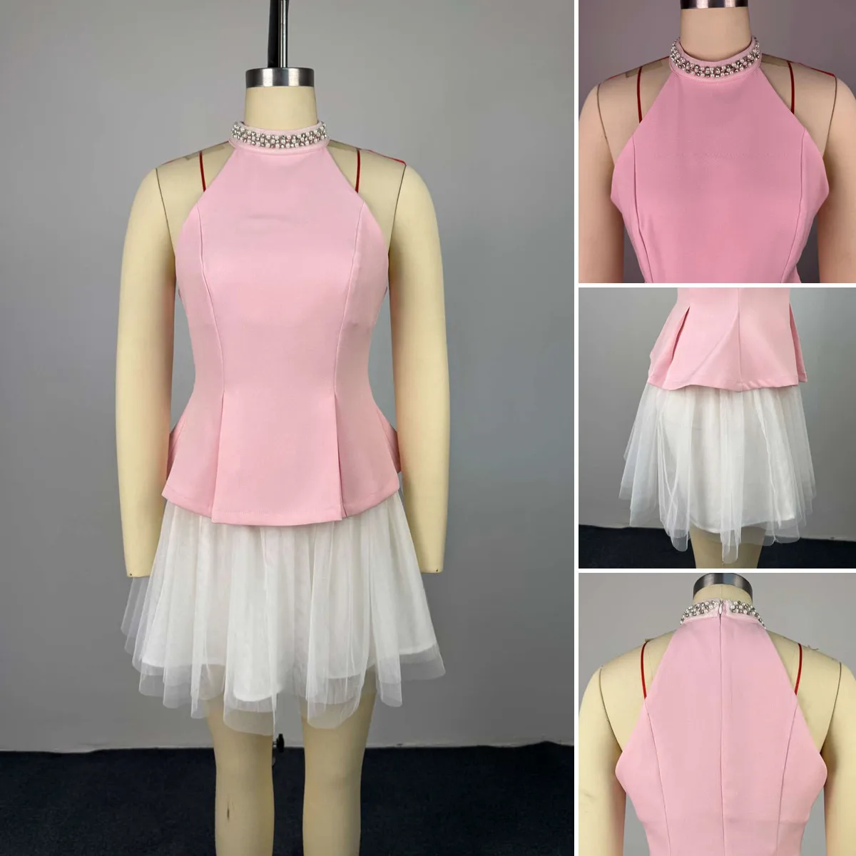 Ensemble 2 pièces femme HK73655 – Top sans manches & mini-jupe asymétrique incrustée de diamants