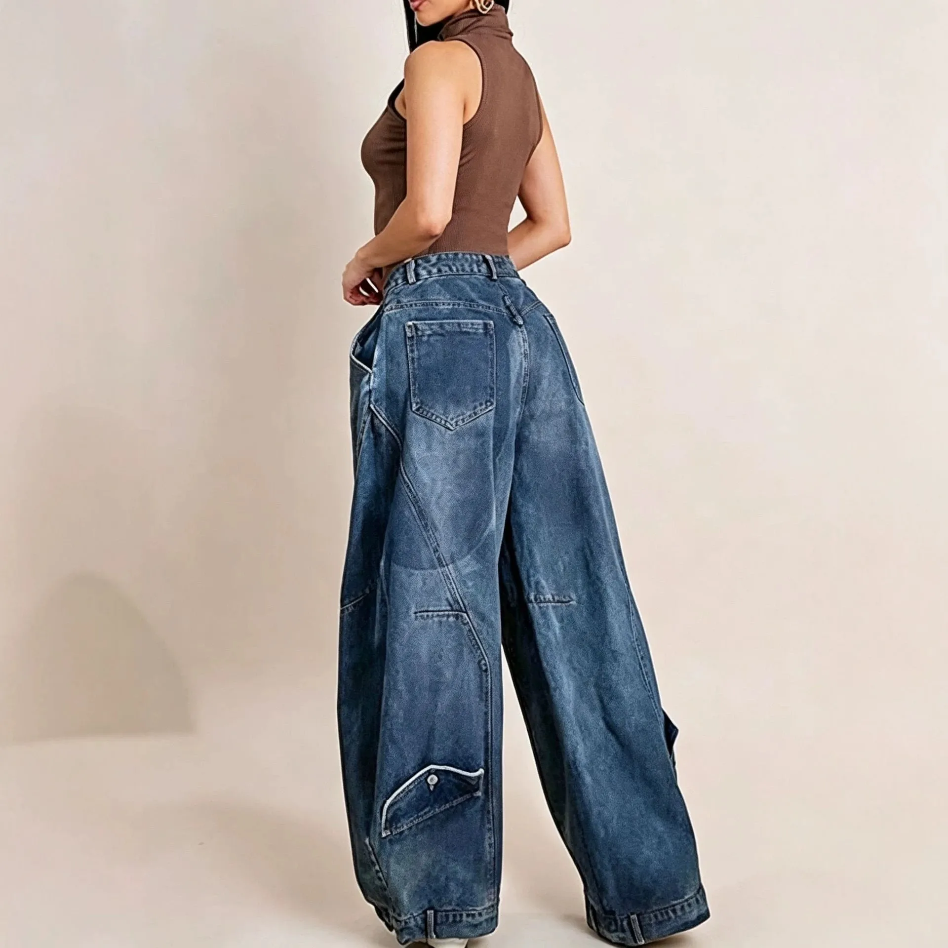 Jean Baggy Femme Taille Haute Délavé Asymétrique – Style Streetwear Y2K