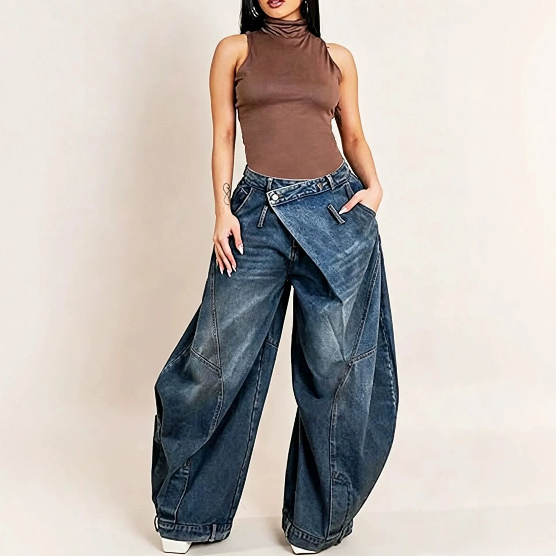 Jean Baggy Femme Taille Haute Délavé Asymétrique – Style Streetwear Y2K