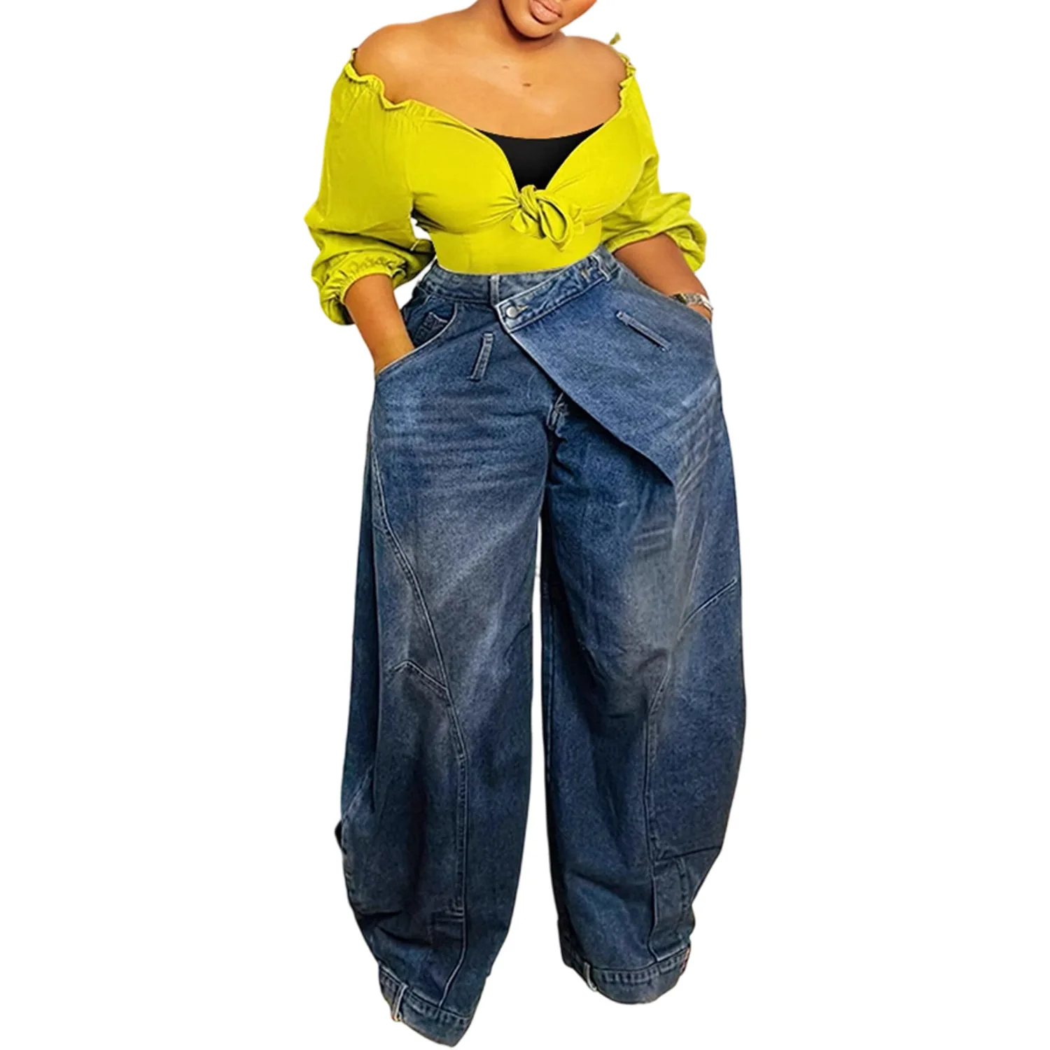 Jean Baggy Femme Taille Haute Délavé Asymétrique – Style Streetwear Y2K
