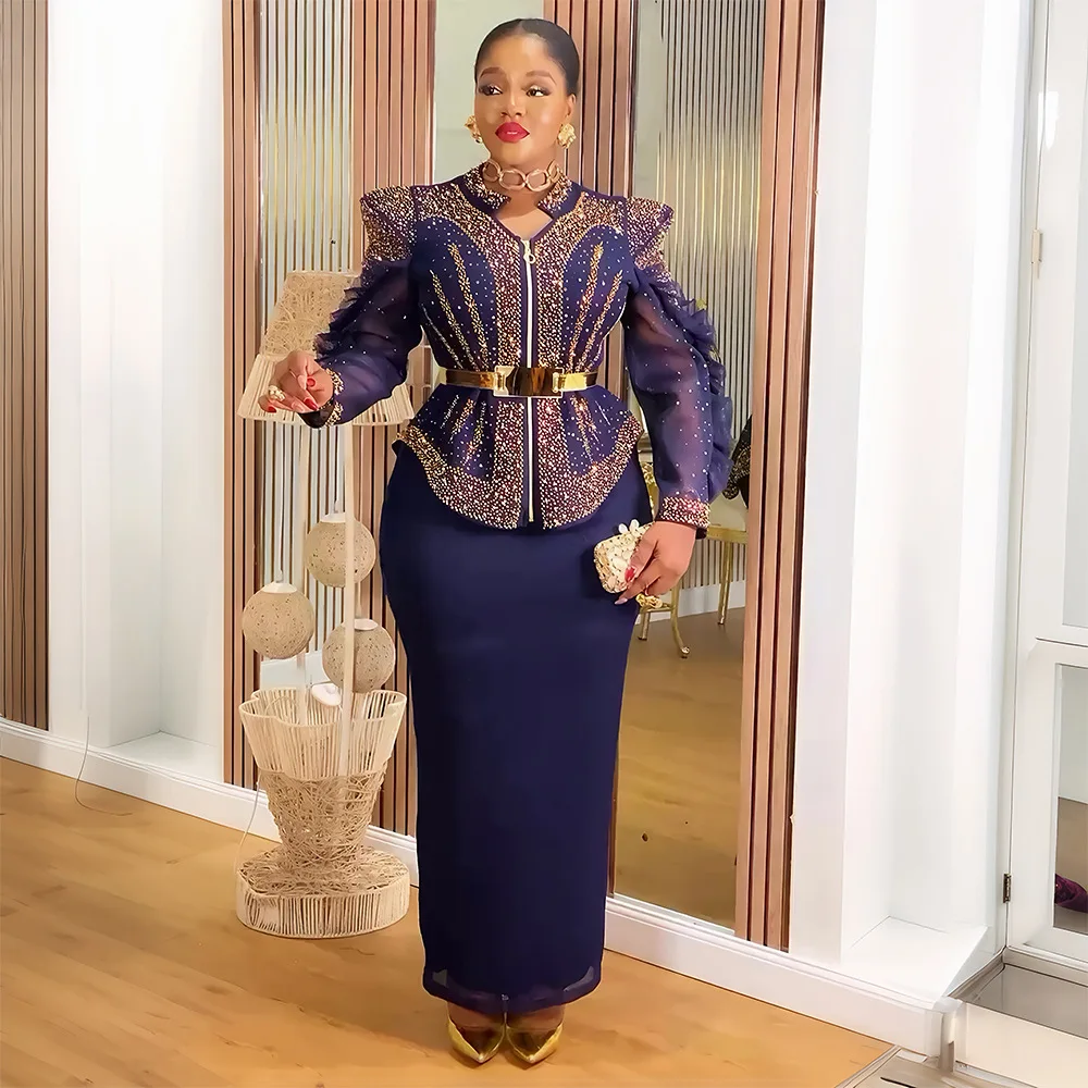 Ensemble 2 pièces luxe grande taille S10896 – Haut & jupe à strass, tenue de fête africaine