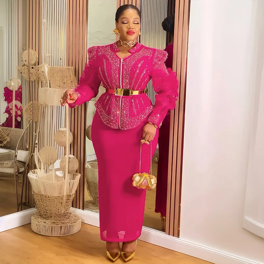 Ensemble 2 pièces luxe grande taille S10896 – Haut & jupe à strass, tenue de fête africaine