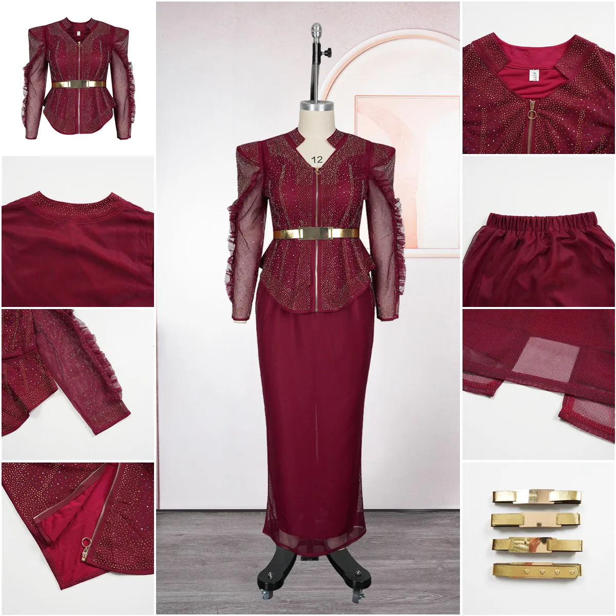 Ensemble 2 pièces luxe grande taille S10896 – Haut & jupe à strass, tenue de fête africaine