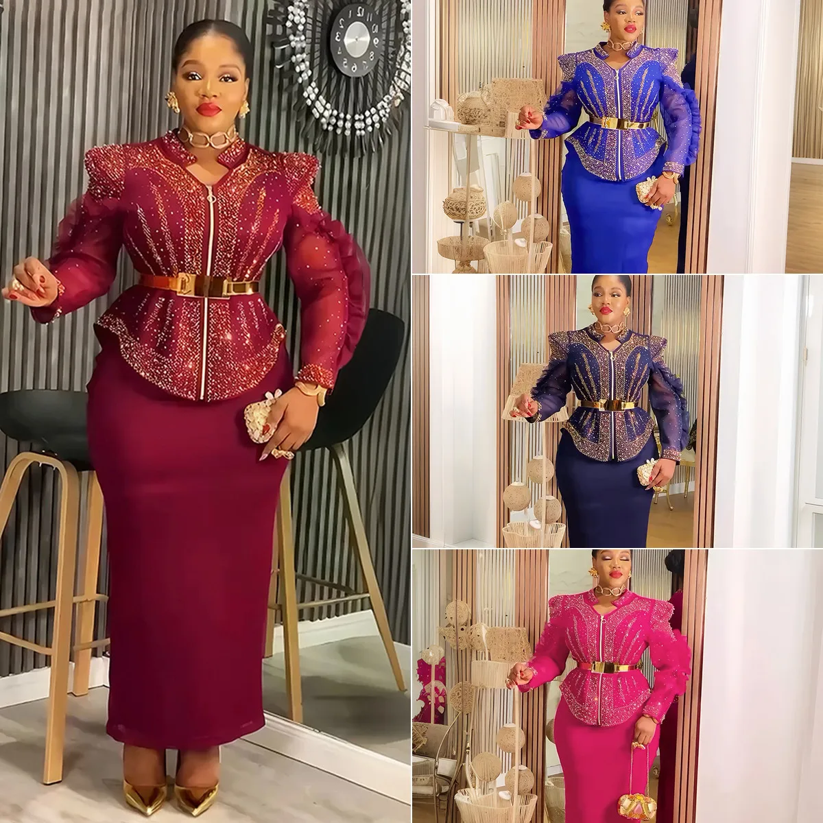 Ensemble 2 pièces luxe grande taille S10896 – Haut & jupe à strass, tenue de fête africaine