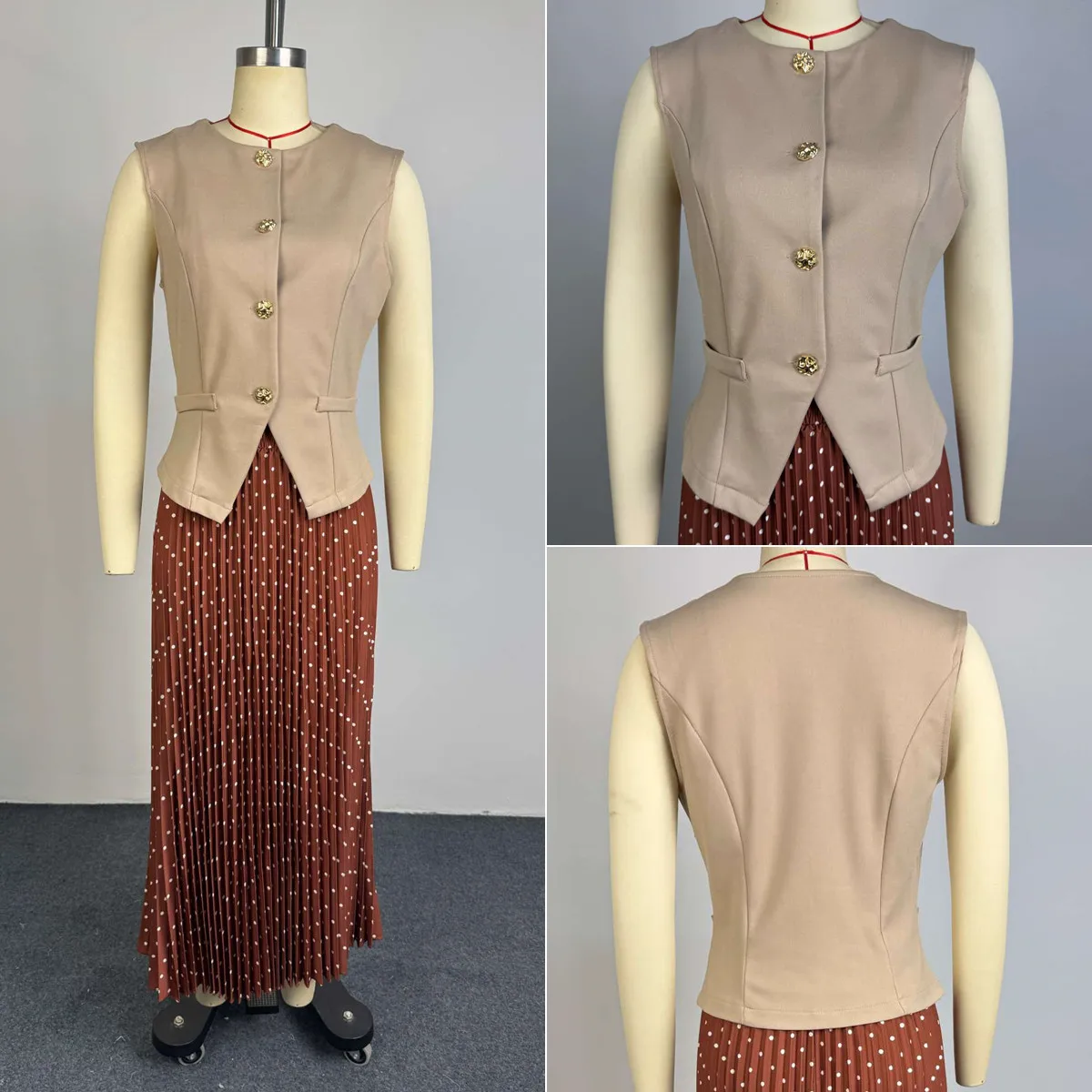 Ensemble 2 pièces femme – Blazer sans manches & jupe longue plissée à pois | Tenue bureau