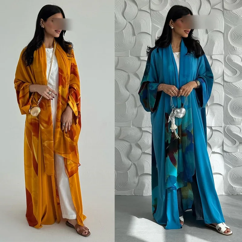 Abaya Ouverte MQ217 – Robe Musulmane Mousseline Imprimée avec Hijab