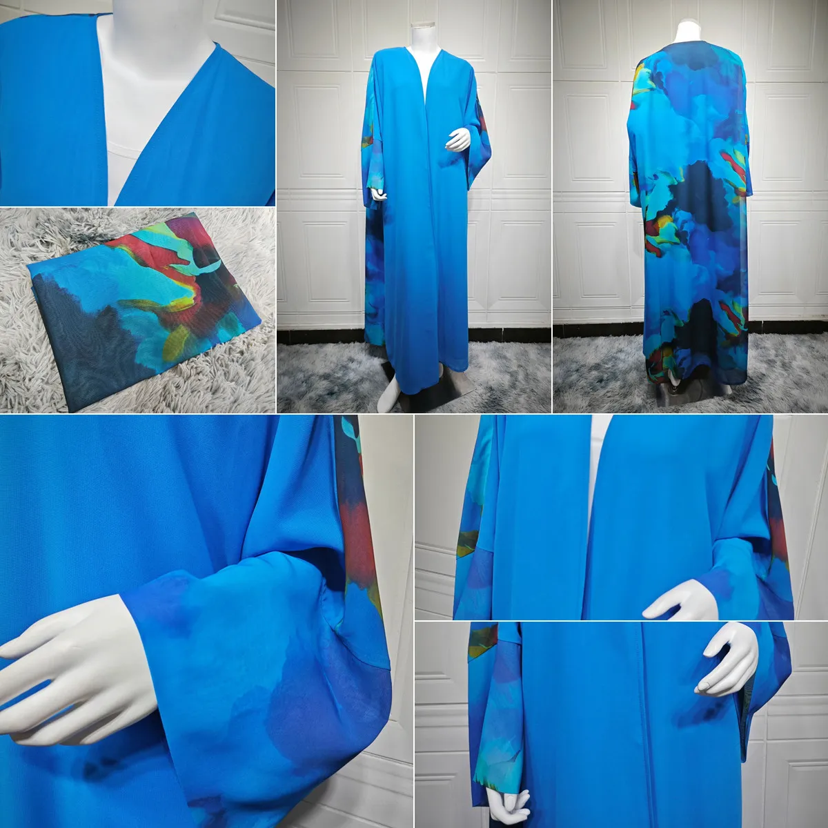 Abaya Ouverte MQ217 – Robe Musulmane Mousseline Imprimée avec Hijab