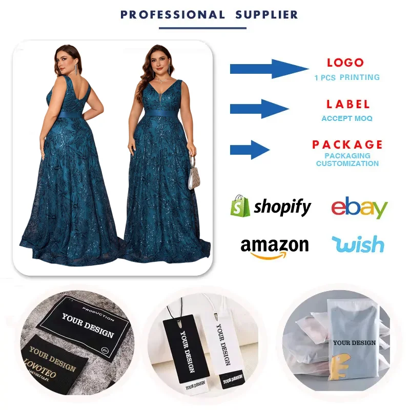 Robe de soirée grande taille SN2344D – Col V, sans manches, broderie paillettes, silhouette A-Line
