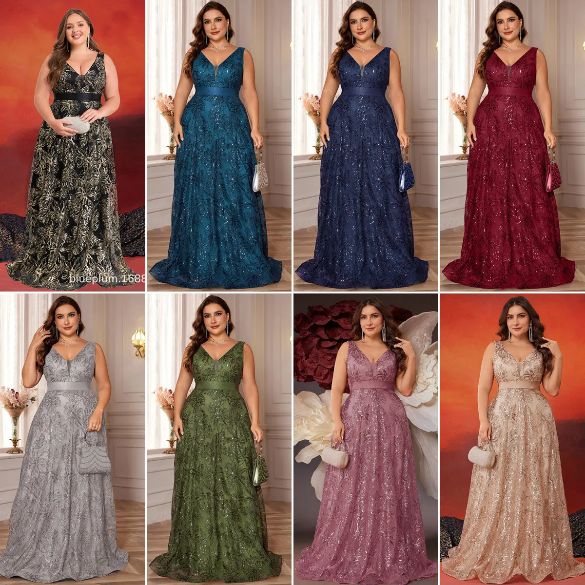 Robe de soirée grande taille SN2344D – Col V, sans manches, broderie paillettes, silhouette A-Line