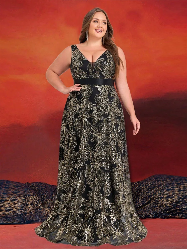 Robe de soirée grande taille SN2344D – Col V, sans manches, broderie paillettes, silhouette A-Line