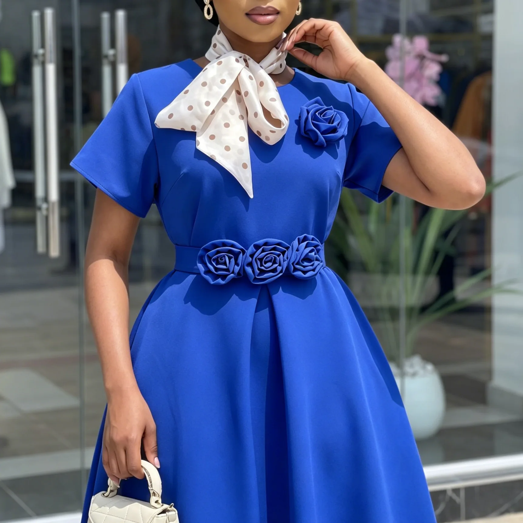 Robe Maxi Femme D627 – Coupe A-Line, Col Rond, Fleurs 3D, Style Africain Élégant