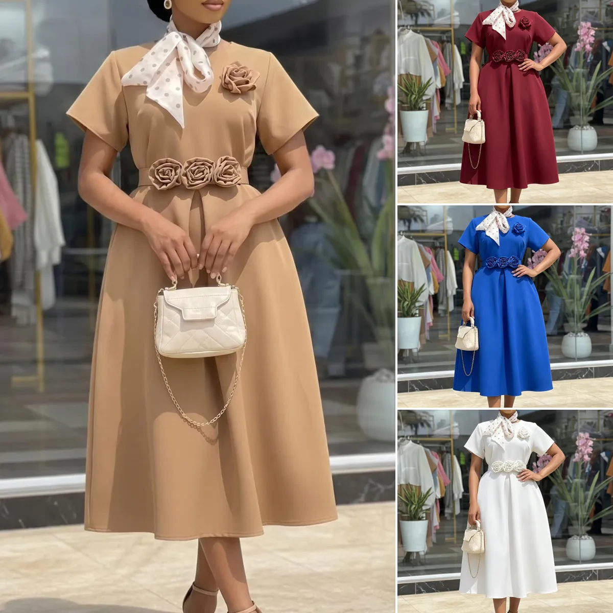 Robe Maxi Femme D627 – Coupe A-Line, Col Rond, Fleurs 3D, Style Africain Élégant