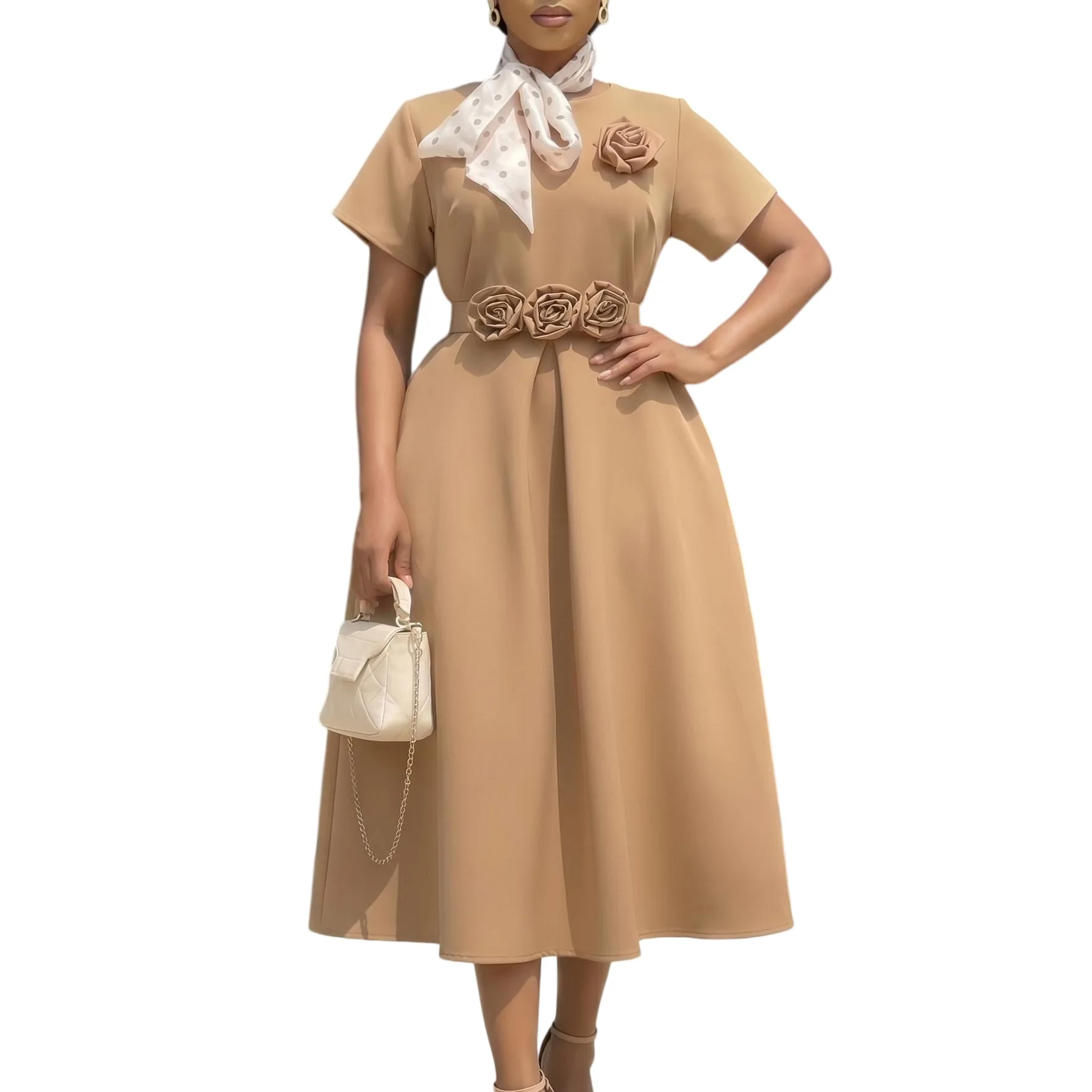 Robe Maxi Femme D627 – Coupe A-Line, Col Rond, Fleurs 3D, Style Africain Élégant