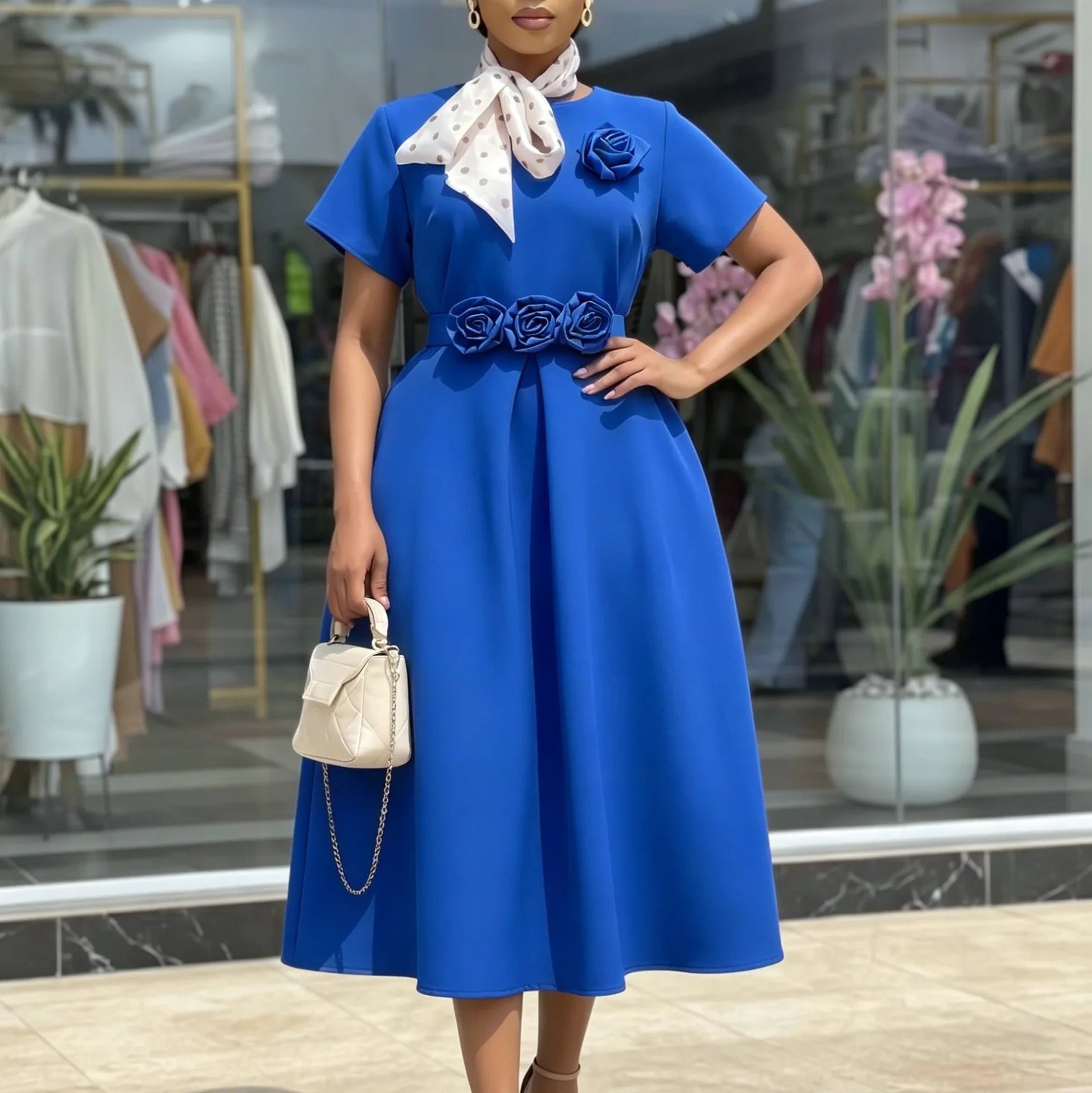 Robe Maxi Femme D627 – Coupe A-Line, Col Rond, Fleurs 3D, Style Africain Élégant