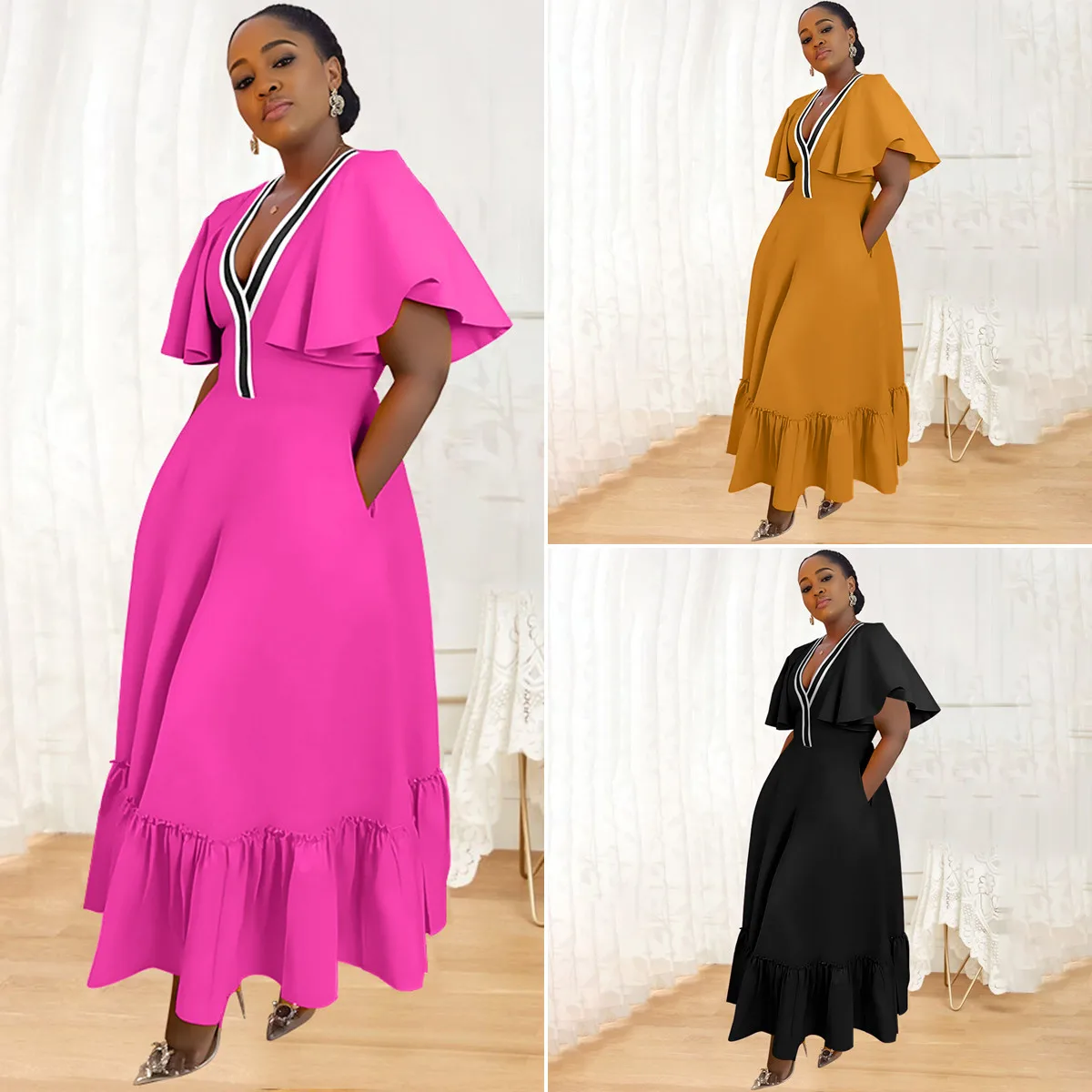 Robe Maxi Femme K10723 – Col V, Manches Volantées, Poches, Coupe Trapèze Élégante