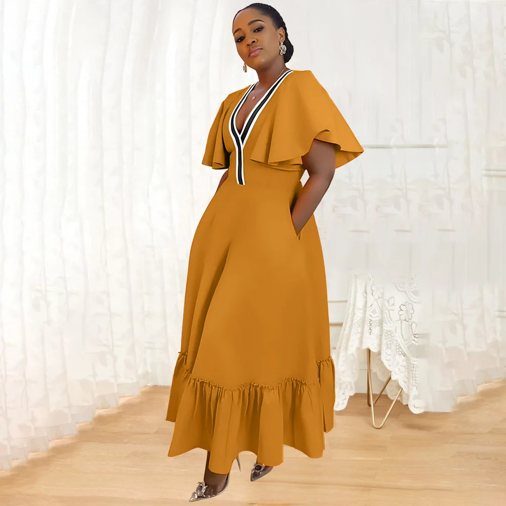 Robe Maxi Femme K10723 – Col V, Manches Volantées, Poches, Coupe Trapèze Élégante