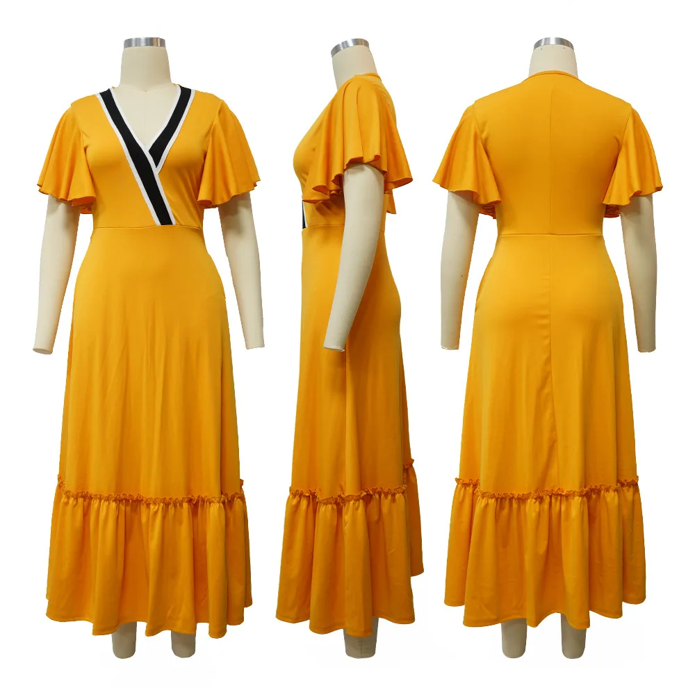 Robe Maxi Femme K10723 – Col V, Manches Volantées, Poches, Coupe Trapèze Élégante