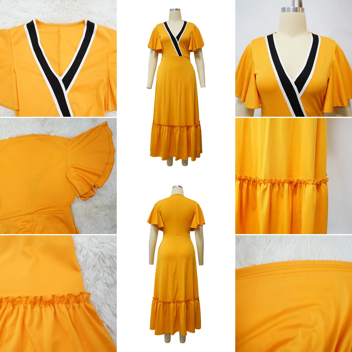 Robe Maxi Femme K10723 – Col V, Manches Volantées, Poches, Coupe Trapèze Élégante