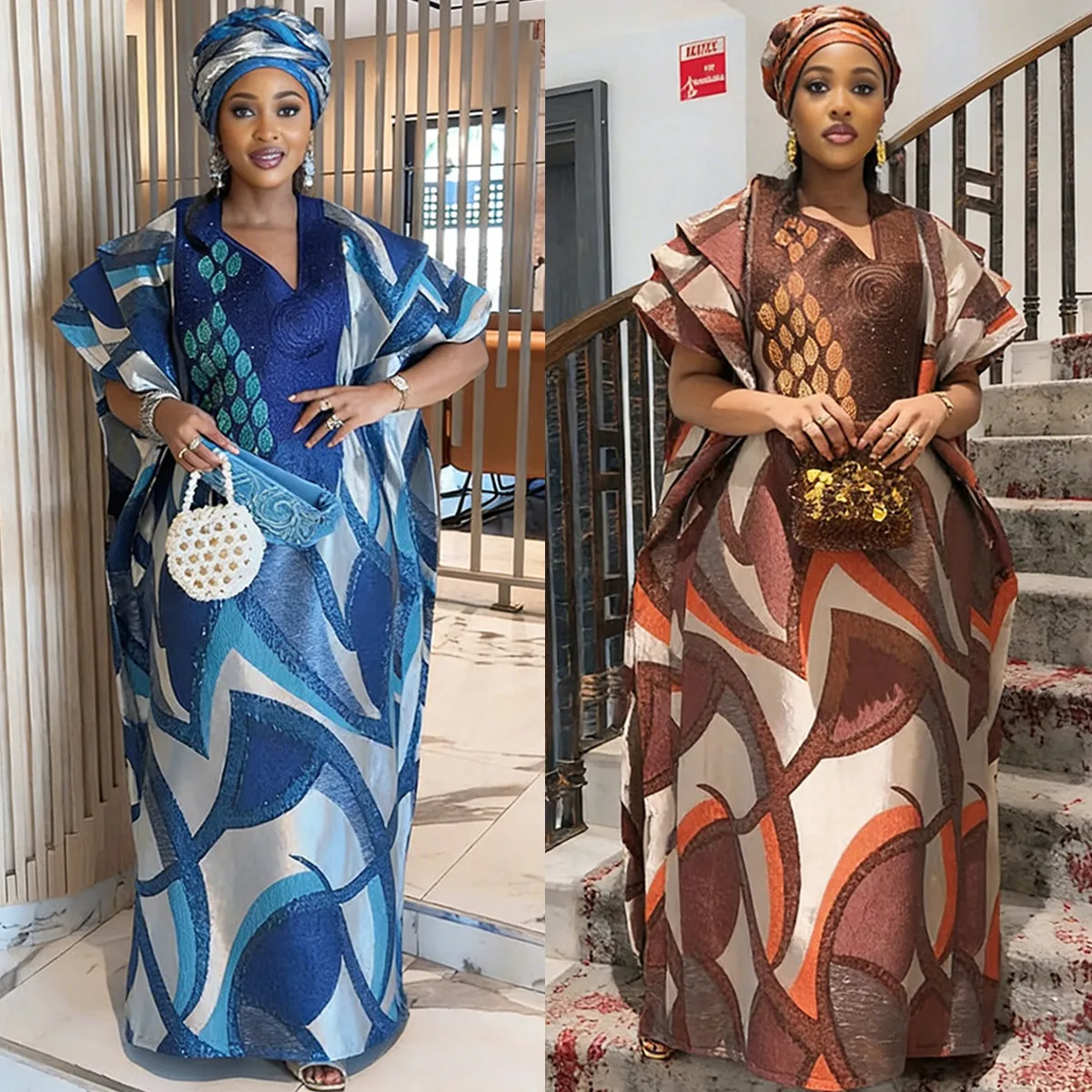 Robe Dashiki Africaine Grande Taille Femme – Brodée, Strass, Jacquard + Foulard