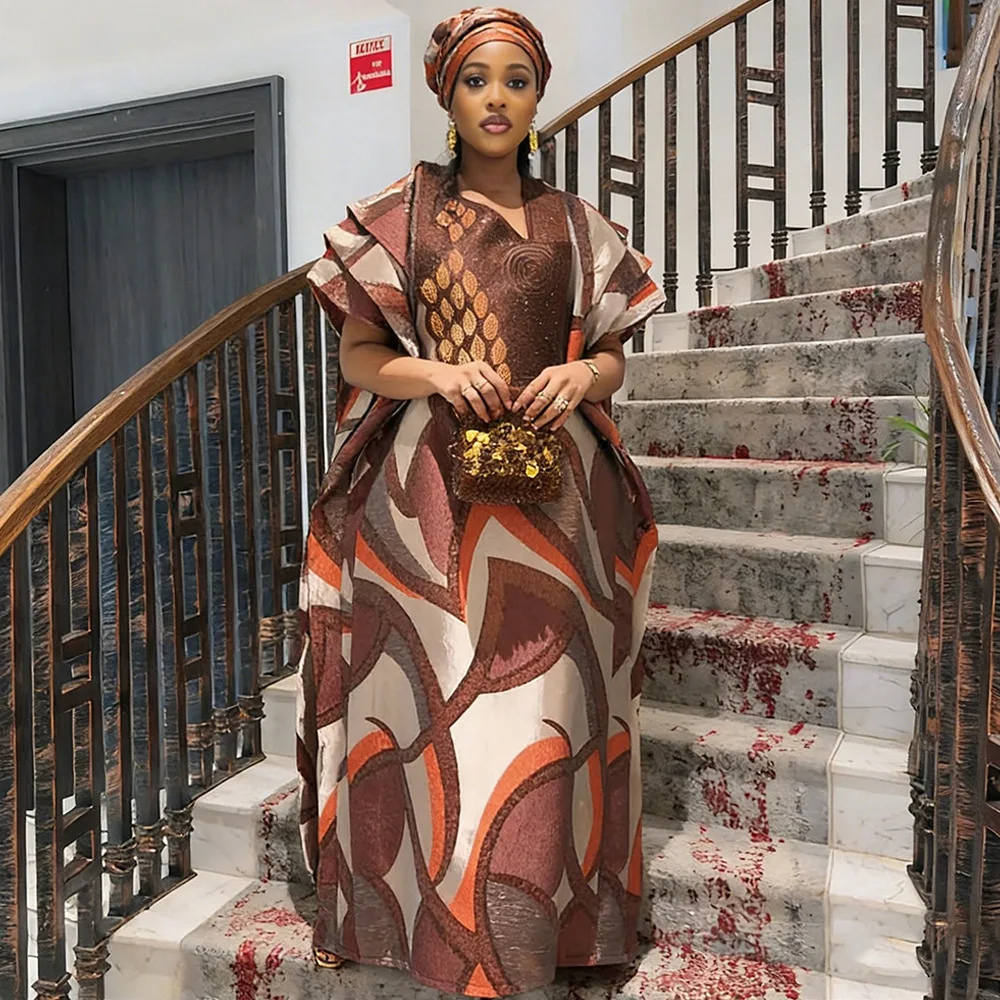 Robe Dashiki Africaine Grande Taille Femme – Brodée, Strass, Jacquard + Foulard