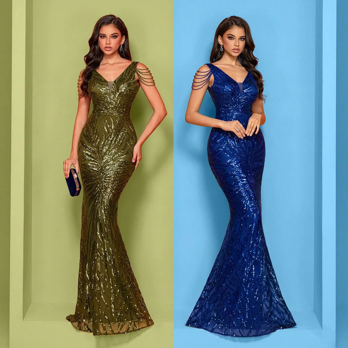 Robe Sirène Longue LY2485 – Col V Paillettes & Franges, Dos Nu, Soutien-gorge Intégré