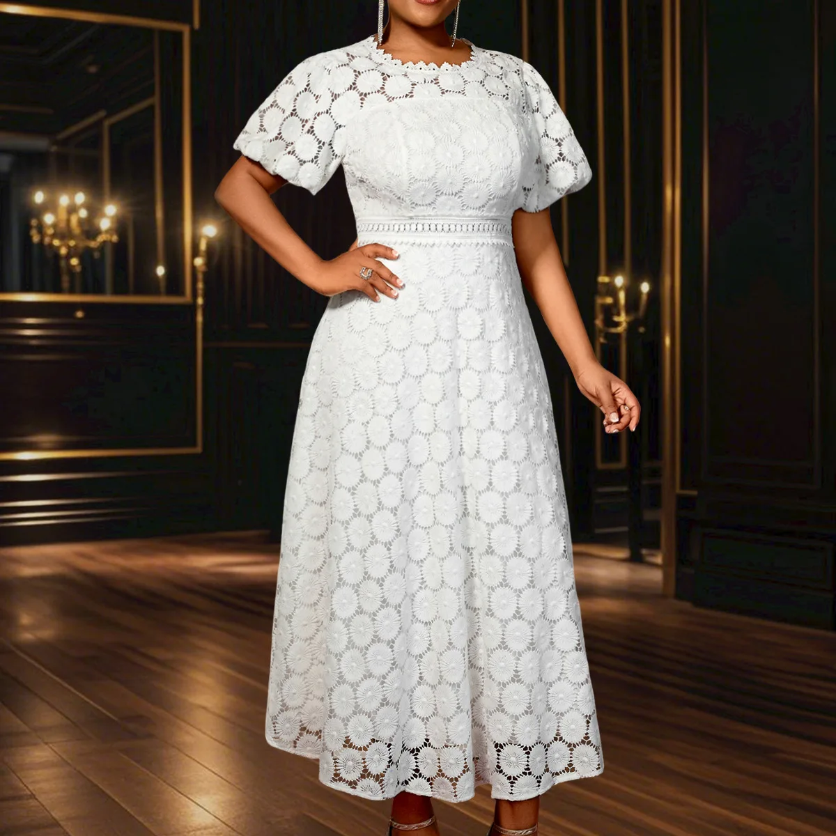 Robe Africaine Grande Taille Femme – Dentelle Manches Bouffantes Maxi A-Line