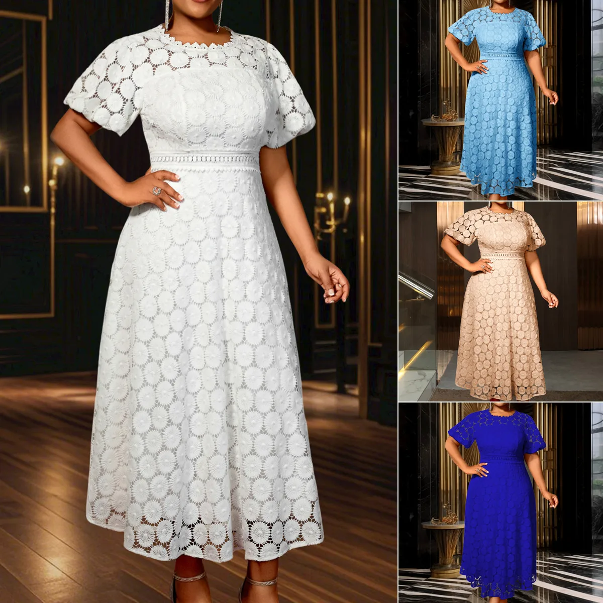 Robe Africaine Grande Taille Femme – Dentelle Manches Bouffantes Maxi A-Line