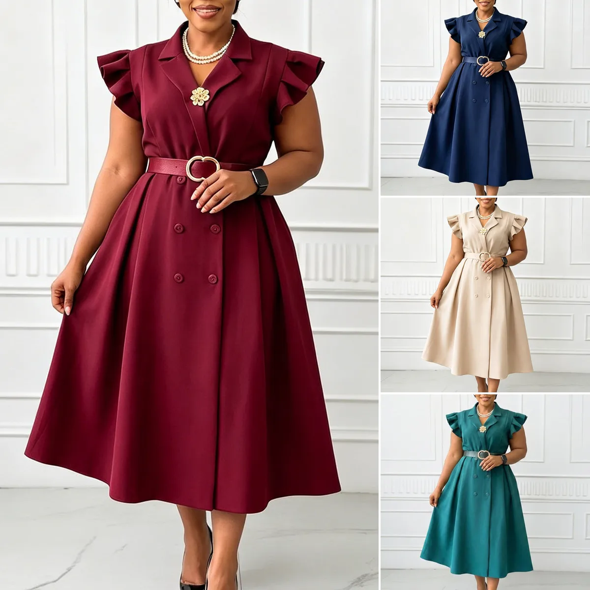 Robe Midi Élégante D3365 – Col V, Double Boutonnage & Ceinture, Style Bureau