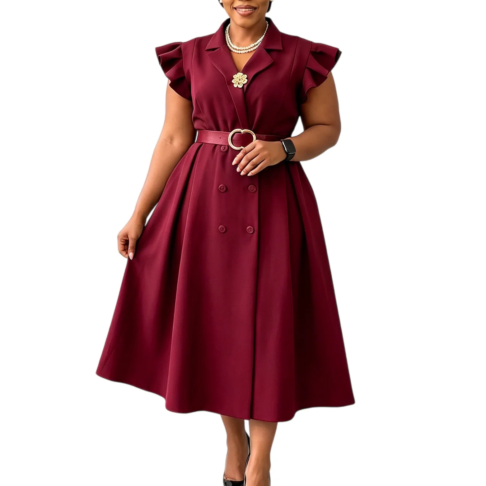 Robe Midi Élégante D3365 – Col V, Double Boutonnage & Ceinture, Style Bureau