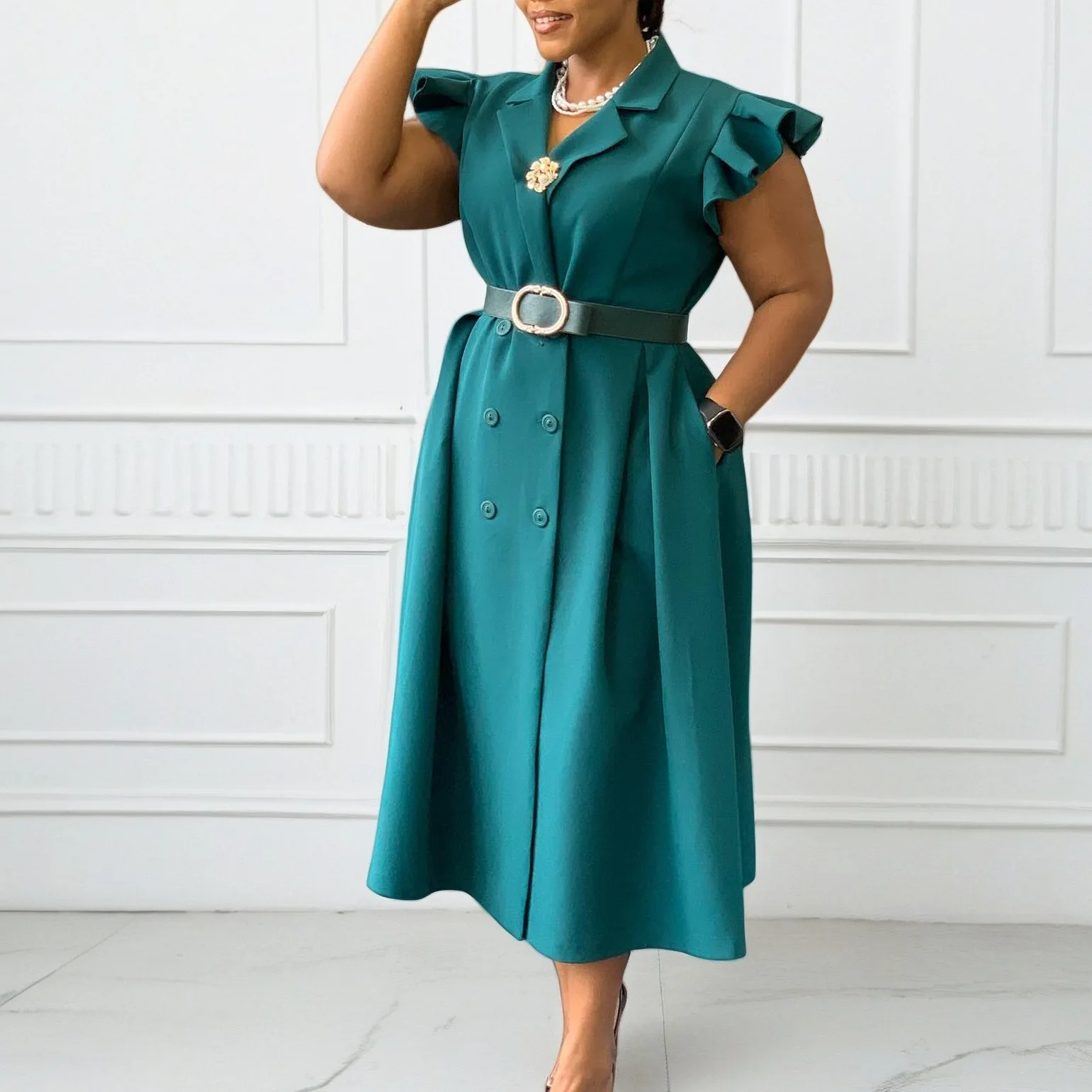 Robe Midi Élégante D3365 – Col V, Double Boutonnage & Ceinture, Style Bureau