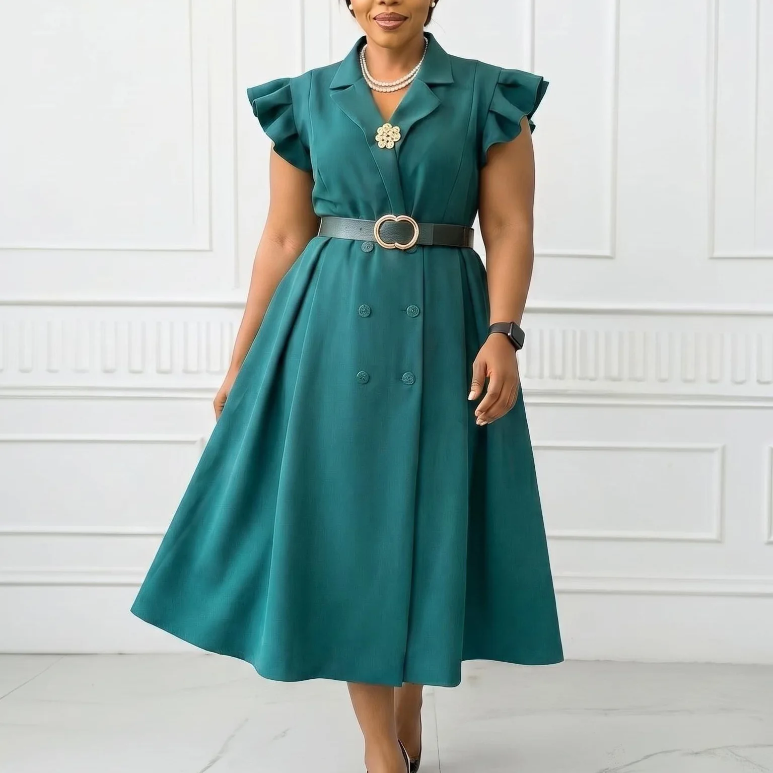 Robe Midi Élégante D3365 – Col V, Double Boutonnage & Ceinture, Style Bureau