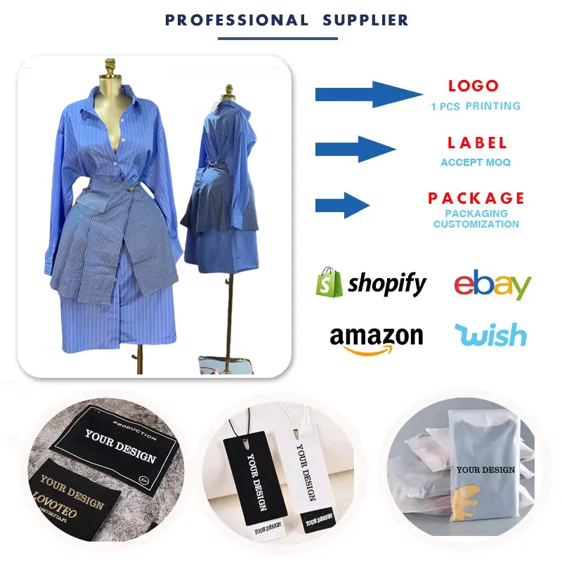 Ensemble 2 pièces femme HK72894 – Chemise rayée bleue col rabattu + jupe courte | Tenue bureau