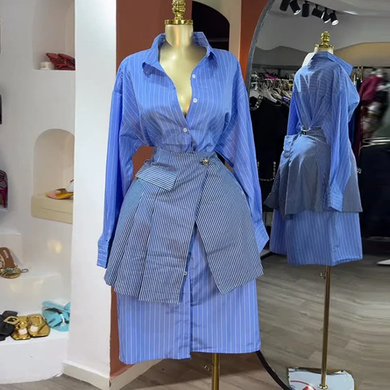 Ensemble 2 pièces femme HK72894 – Chemise rayée bleue col rabattu + jupe courte | Tenue bureau