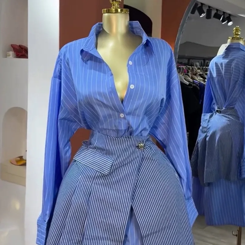 Ensemble 2 pièces femme HK72894 – Chemise rayée bleue col rabattu + jupe courte | Tenue bureau
