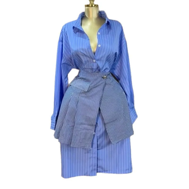Ensemble 2 pièces femme HK72894 – Chemise rayée bleue col rabattu + jupe courte | Tenue bureau