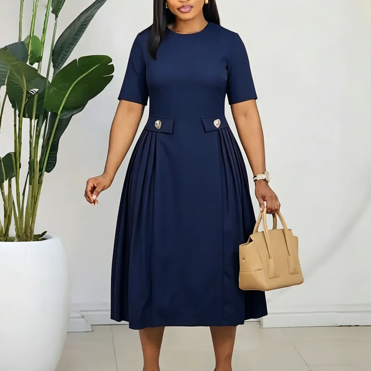 Robe Midi Élégante Col Rond Manches Courtes – Style Bureau & Casual C8661