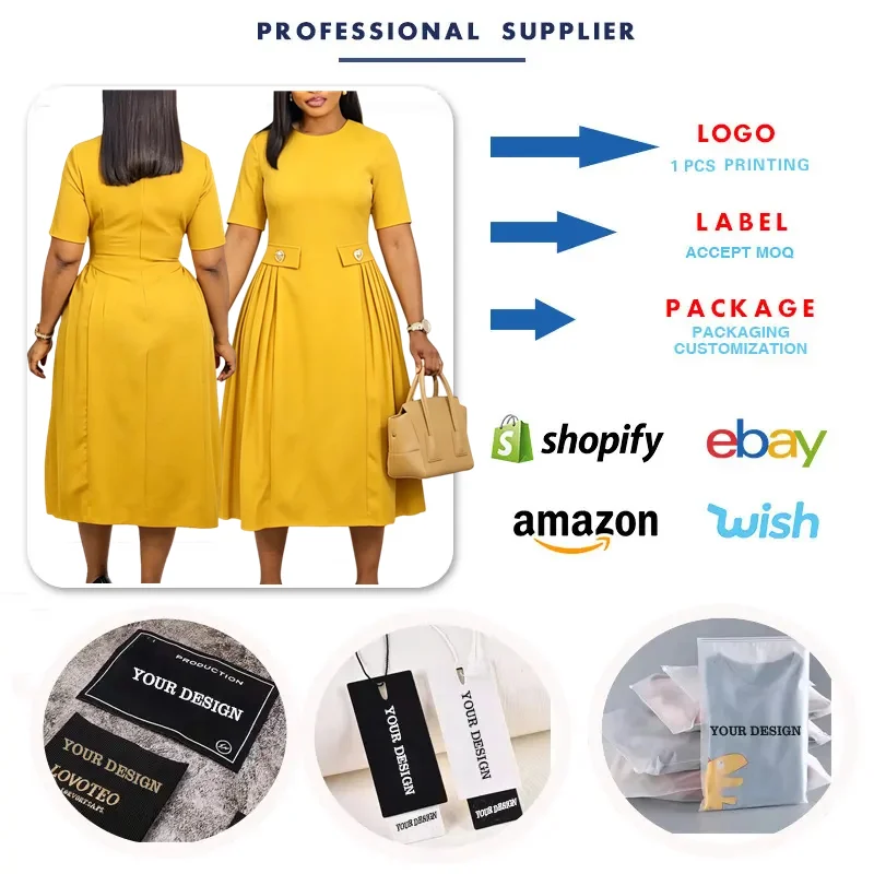 Robe Midi Élégante Col Rond Manches Courtes – Style Bureau & Casual C8661