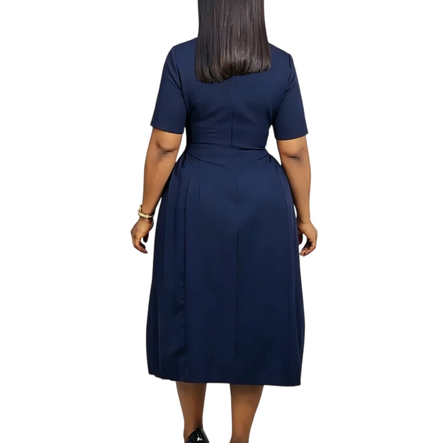 Robe Midi Élégante Col Rond Manches Courtes – Style Bureau & Casual C8661