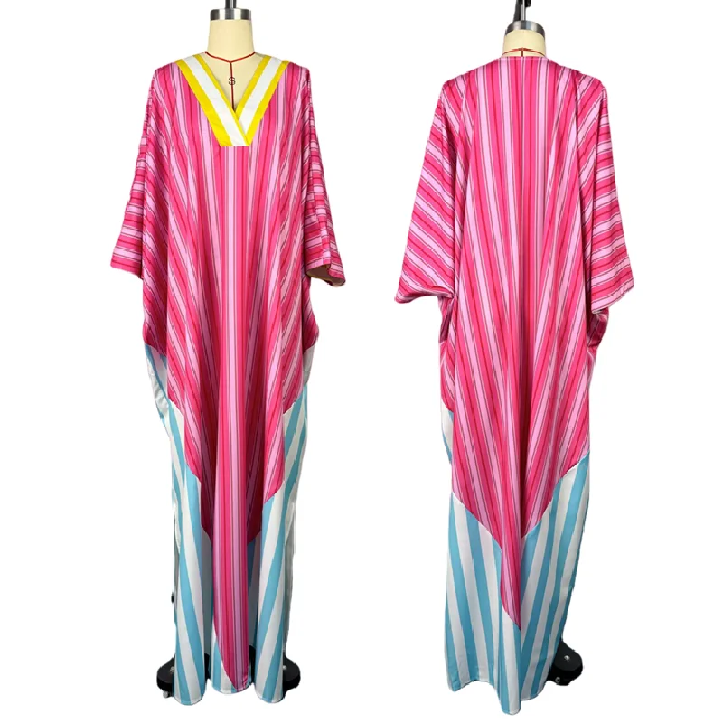 Robe Dashiki Africaine Femme | Col V | Imprimé Rayé Colorblock | Kaftan Ample Toutes Saisons