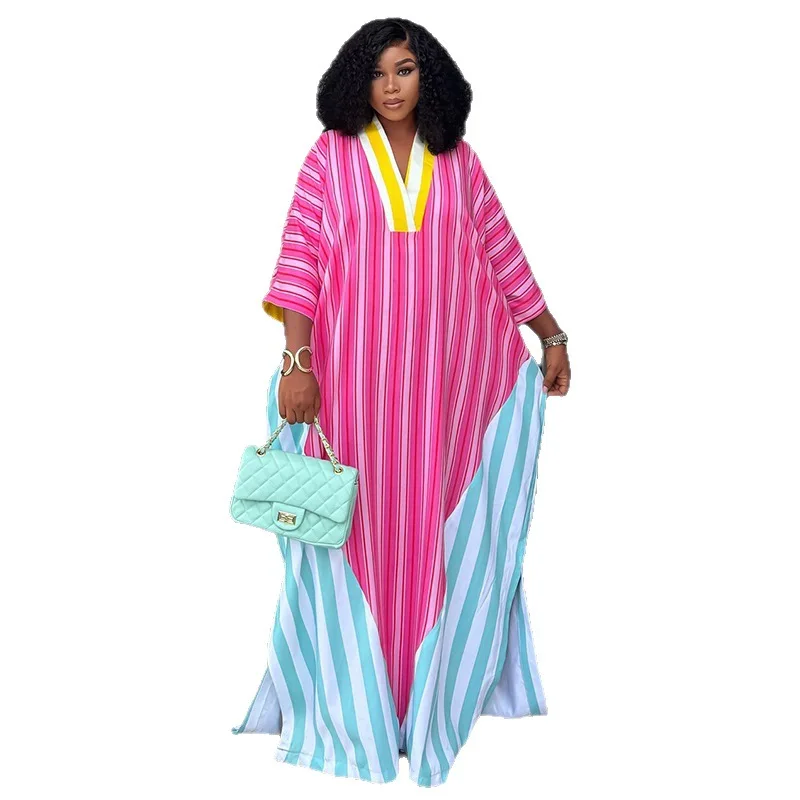Robe Dashiki Africaine Femme | Col V | Imprimé Rayé Colorblock | Kaftan Ample Toutes Saisons