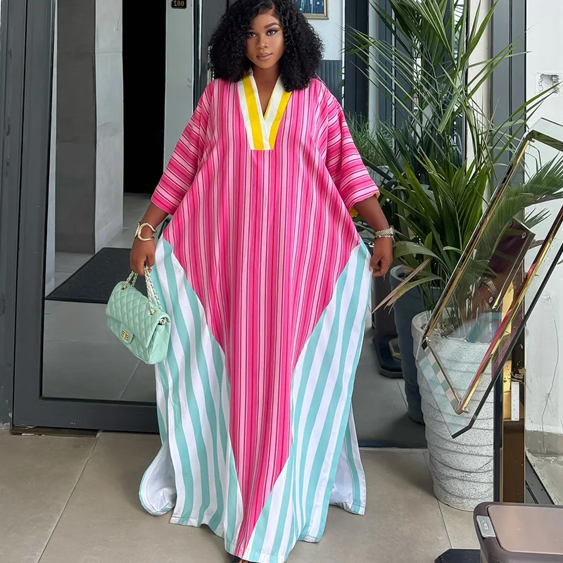 Robe Dashiki Africaine Femme | Col V | Imprimé Rayé Colorblock | Kaftan Ample Toutes Saisons