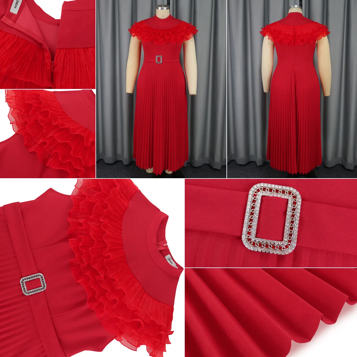 Robe Maxi Rouge Élégante à Volants & Col Rond – Coupe A-Line Taille Haute, Manches Courtes