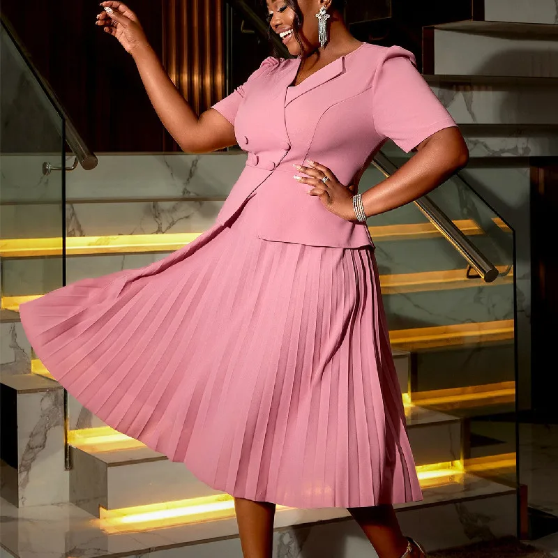 Robe plissée femme col tailleur double boutonnage – Style bureau chic & décontracté