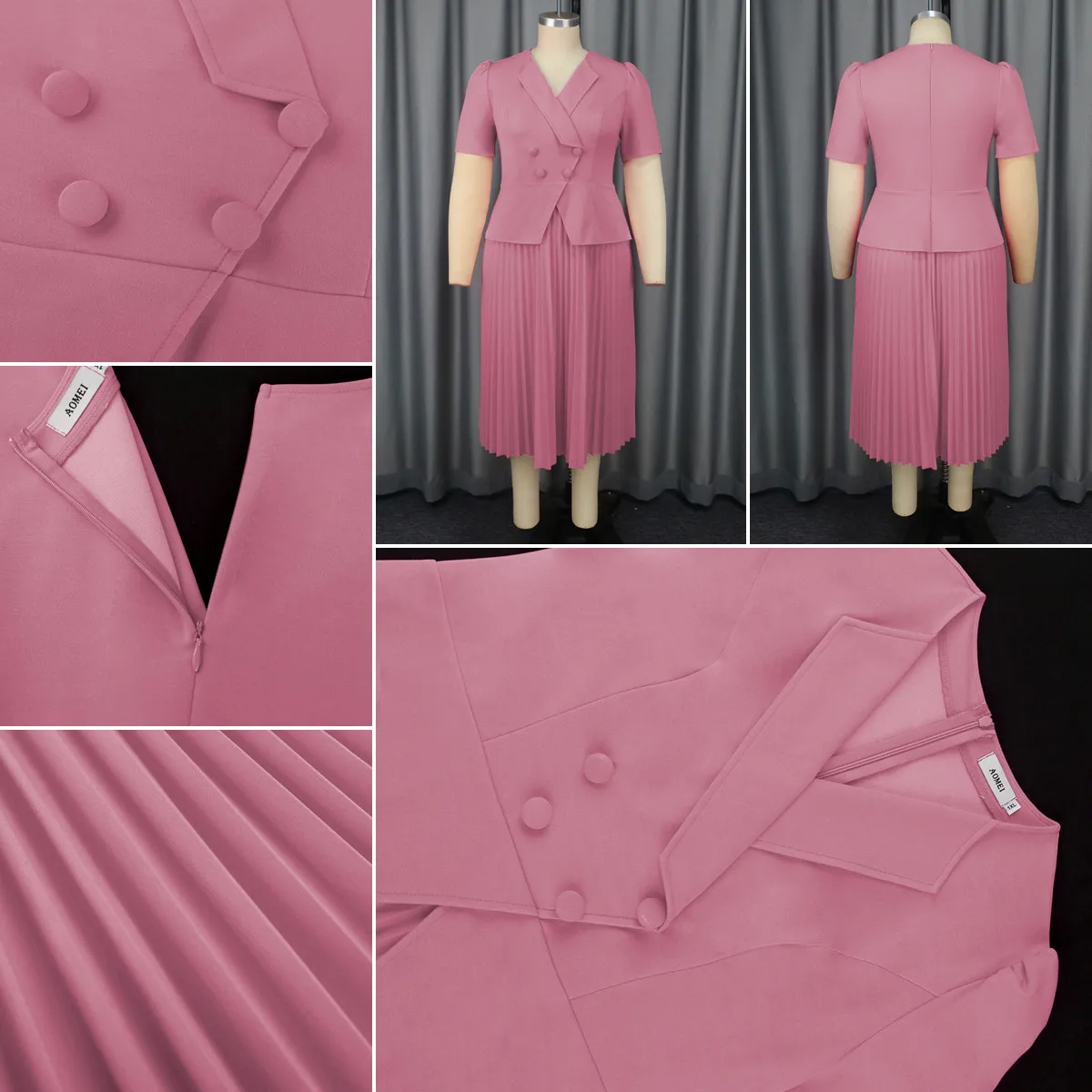 Robe plissée femme col tailleur double boutonnage – Style bureau chic & décontracté
