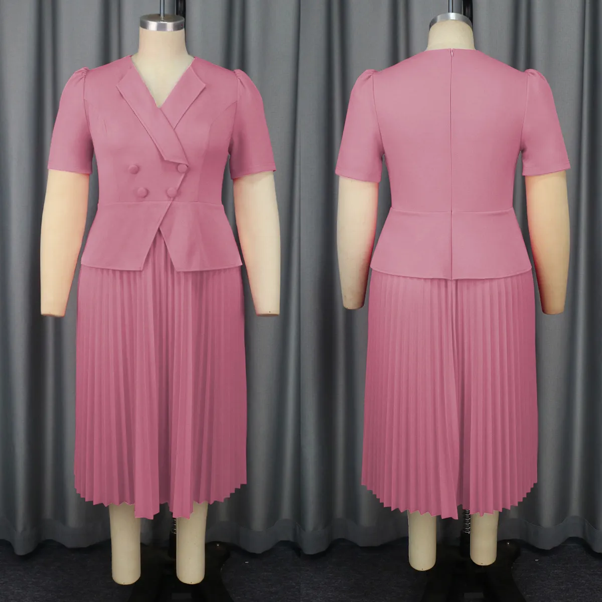 Robe plissée femme col tailleur double boutonnage – Style bureau chic & décontracté