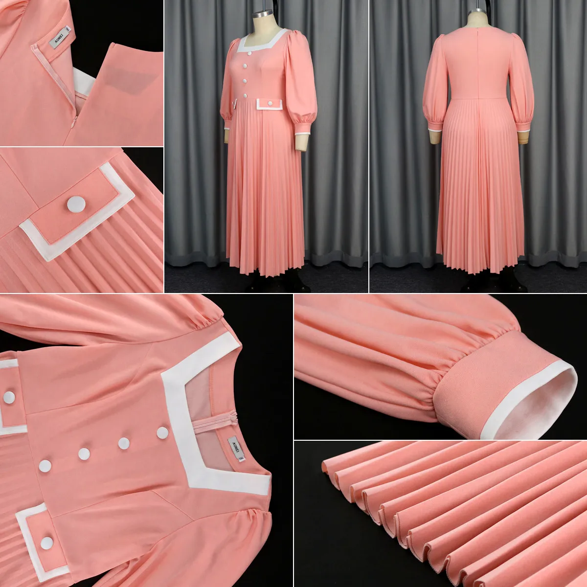 Robe de bureau femme col carré bicolore | Coupe A-line plissée élégante