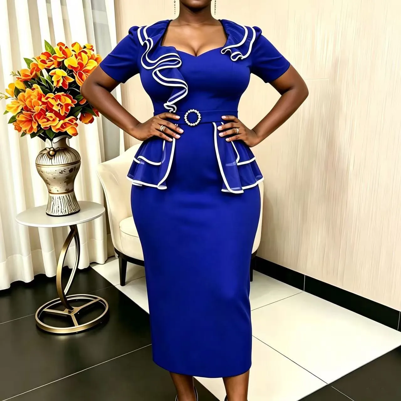 Robe Midi Femme Col Carré à Volants – Coupe Crayon Taille Haute, Style Bureau & Casual