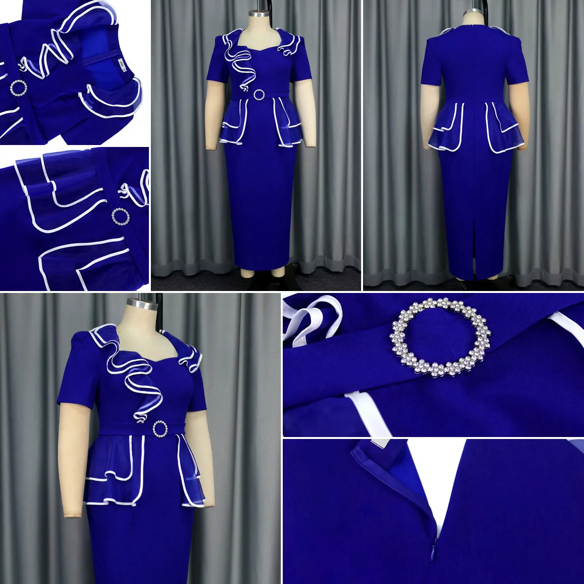 Robe Midi Femme Col Carré à Volants – Coupe Crayon Taille Haute, Style Bureau & Casual